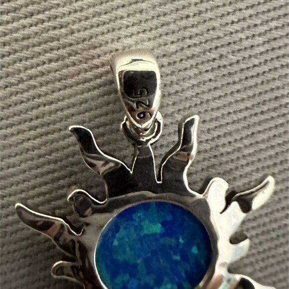 Sterling Silver Sun Pendant w/ Oxidized Finish and Blue Fire Opal 21mm Sunburst - Picture 5 of 6